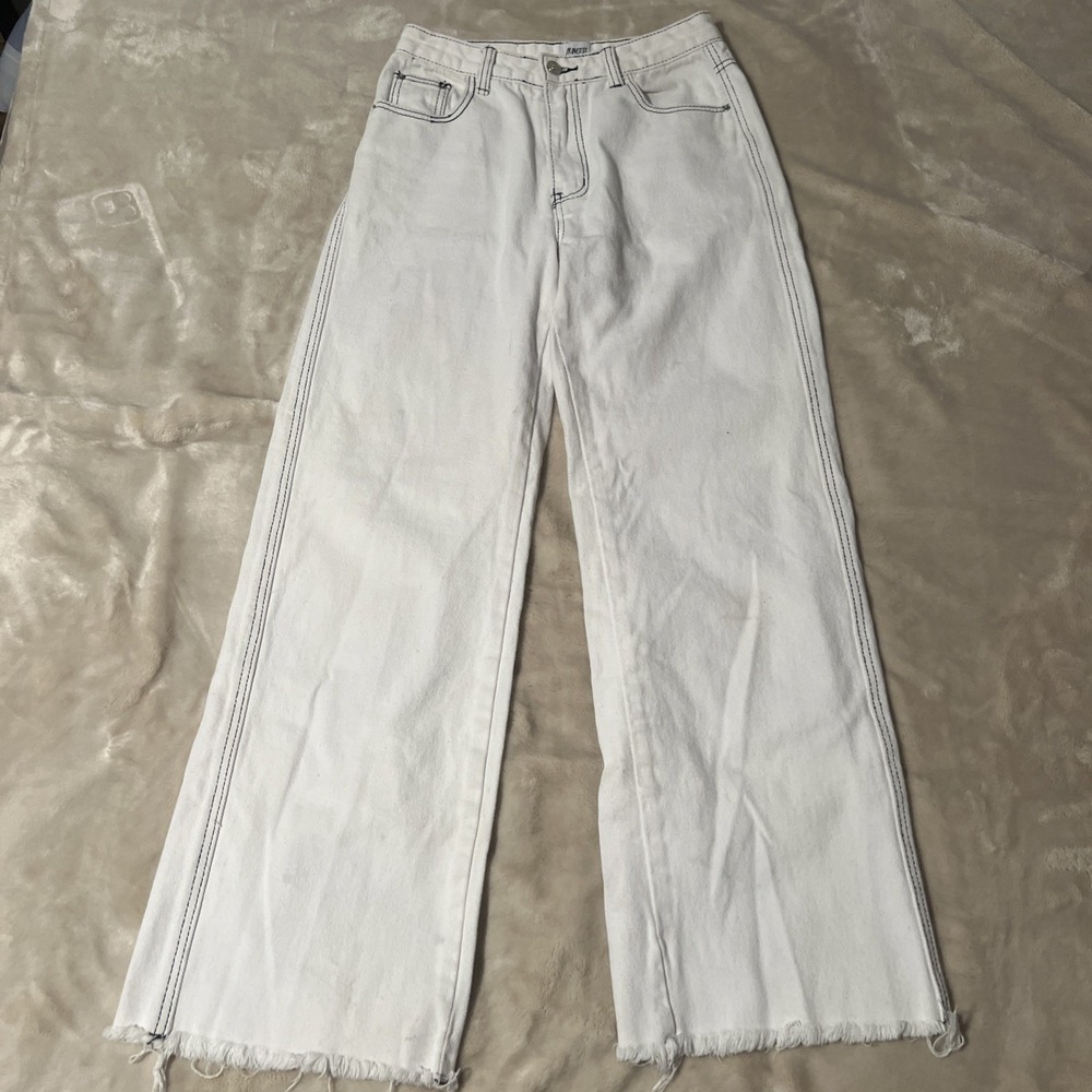 Princess Polly White Jeans Women's 4 Straight Leg Raw Hem Contrast Stitch Denim